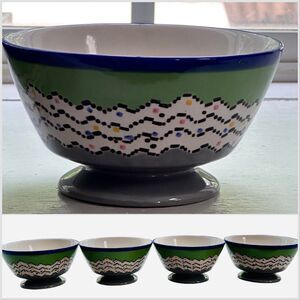 4 West Elm Rice Soup Cereal 5” Footed Bowls Aztec Ceramic Blue Green Gray White